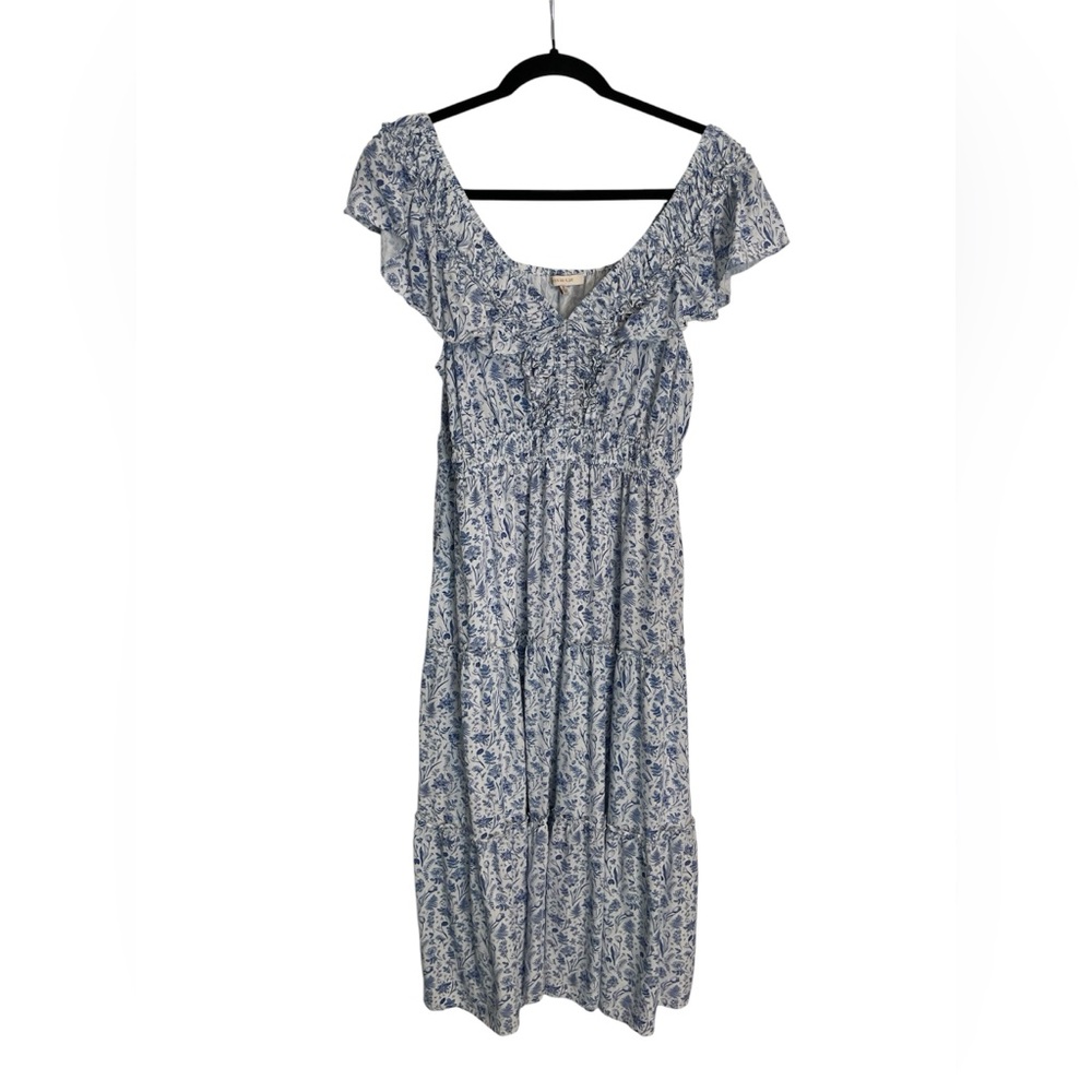 Skies Are Blue, Blue white midi length floral dress, Size Medium